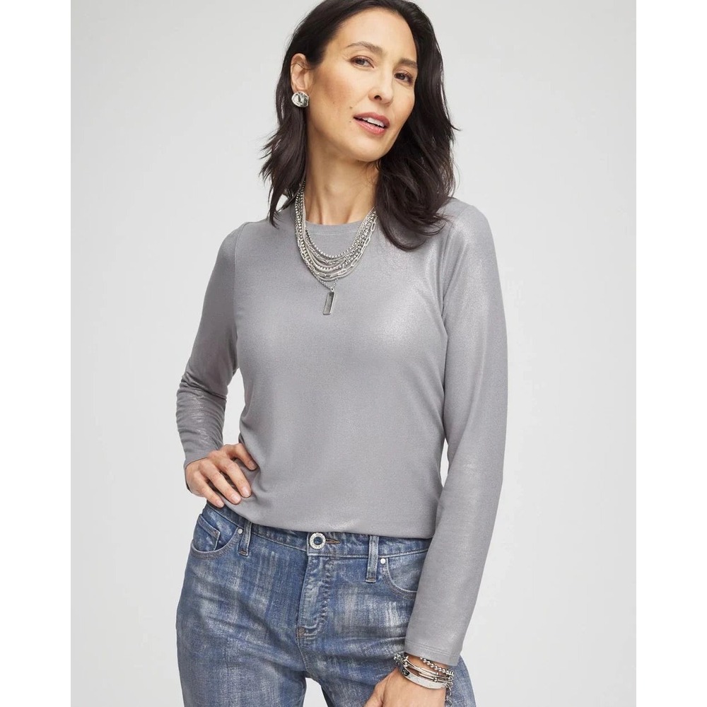 Chico's Touch of Cool Foil LS Layering Tee Moon Shade Gray Metallic 2 L NEW